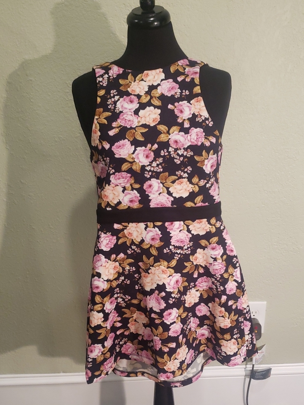 For Love And Lemons Black Floral Sleeveless Fit-and-Flare Dress with Pink Roses